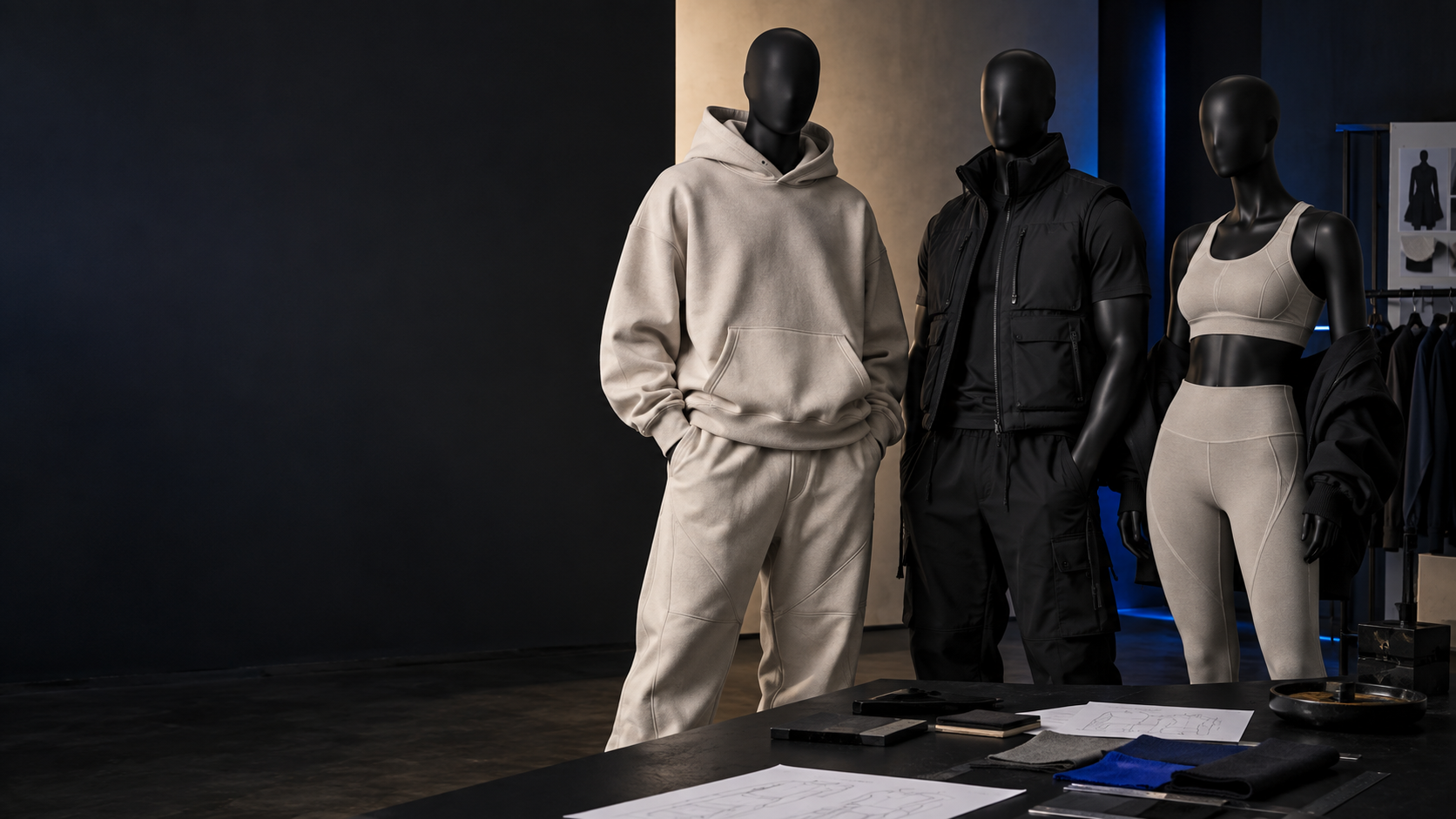 Premium streetwear, technical vest and activewear displayed in a fashion design studio