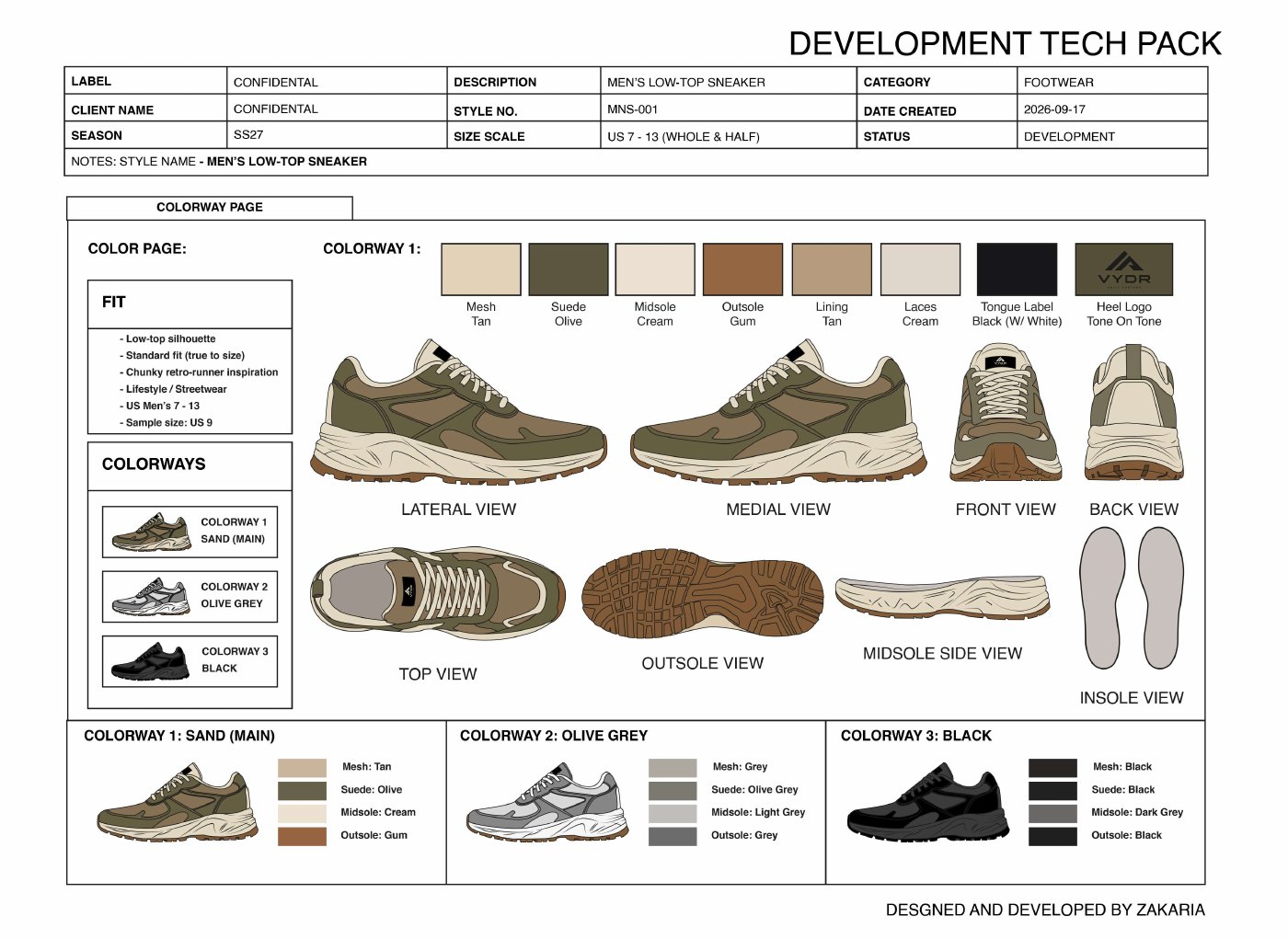 Factory-ready low-top sneaker development tech pack preview